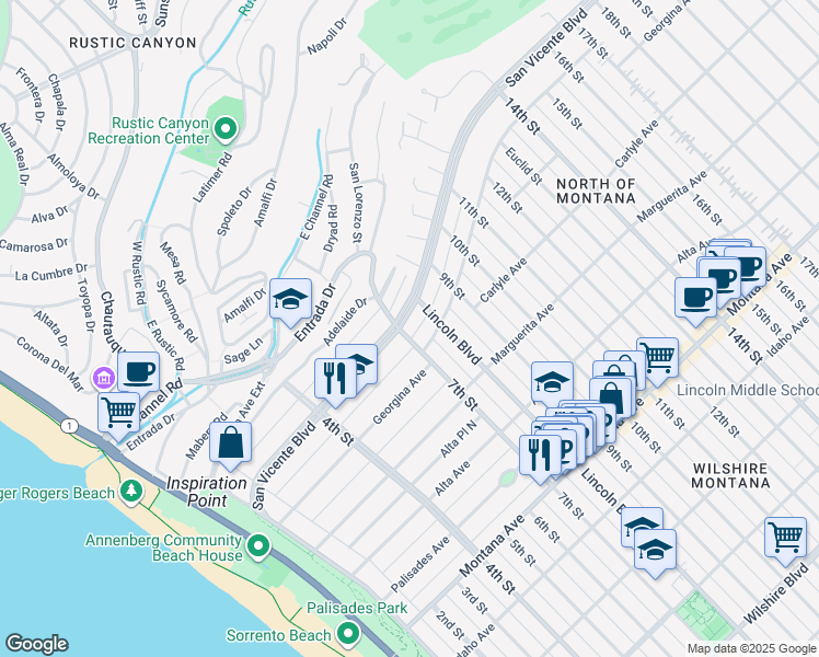map of restaurants, bars, coffee shops, grocery stores, and more near 700 San Vicente Boulevard in Santa Monica