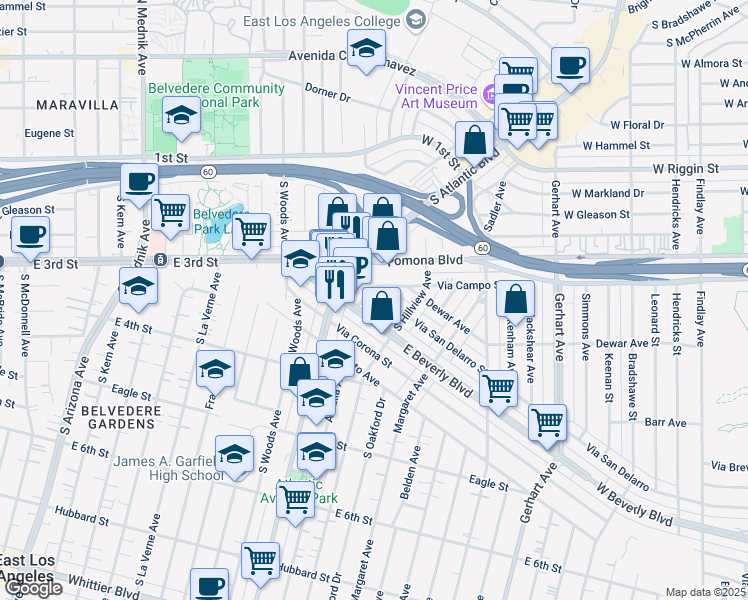 map of restaurants, bars, coffee shops, grocery stores, and more near 5240 Via San Delarro Street in East Los Angeles