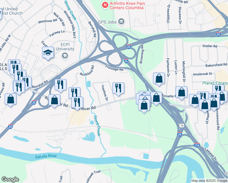 map of restaurants, bars, coffee shops, grocery stores, and more near 1820 Berkshire Drive in Columbia