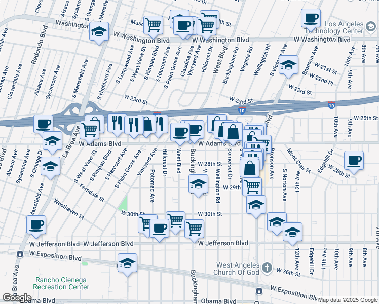 map of restaurants, bars, coffee shops, grocery stores, and more near 2617 Buckingham Road in Los Angeles