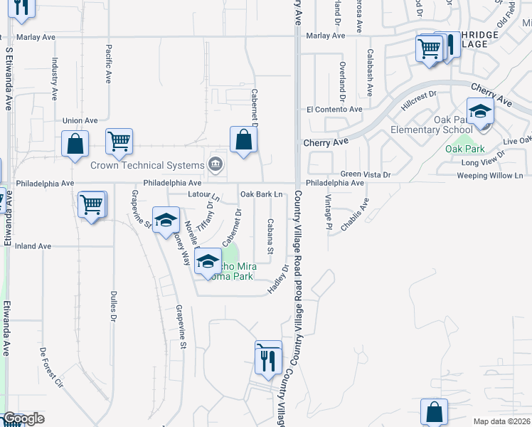 map of restaurants, bars, coffee shops, grocery stores, and more near 3087 Cabana Street in Jurupa Valley