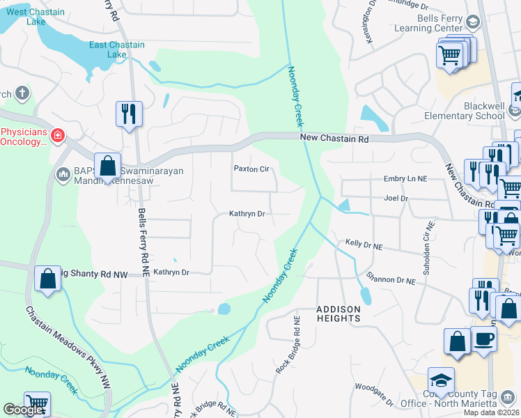 map of restaurants, bars, coffee shops, grocery stores, and more near 189 Kathryn Drive in Marietta
