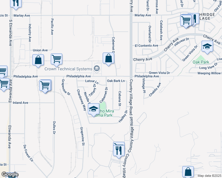 map of restaurants, bars, coffee shops, grocery stores, and more near 3089 Tamarack Way in Jurupa Valley