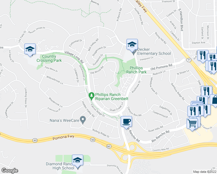 map of restaurants, bars, coffee shops, grocery stores, and more near 14 Rolling Hills Drive in Pomona