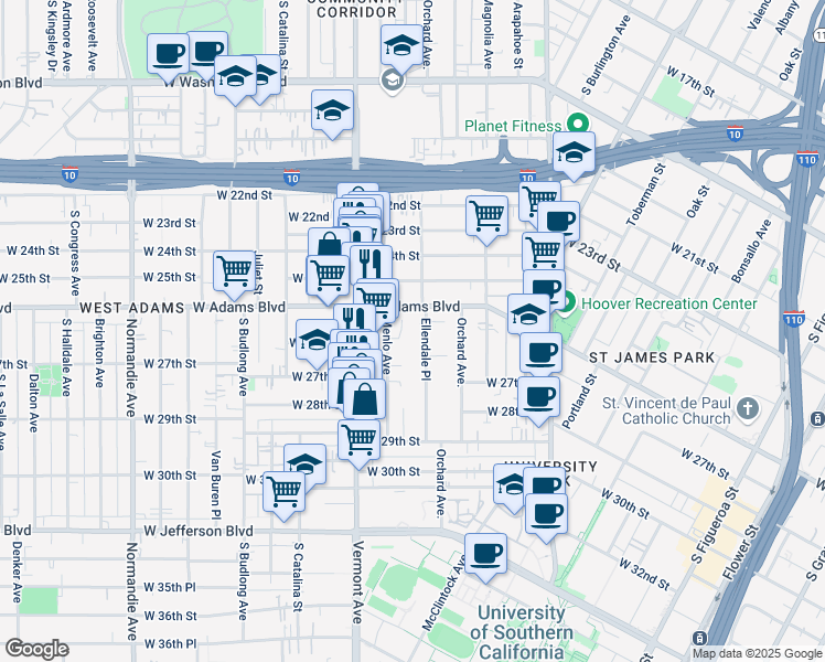 map of restaurants, bars, coffee shops, grocery stores, and more near 2623 Ellendale Place in Los Angeles