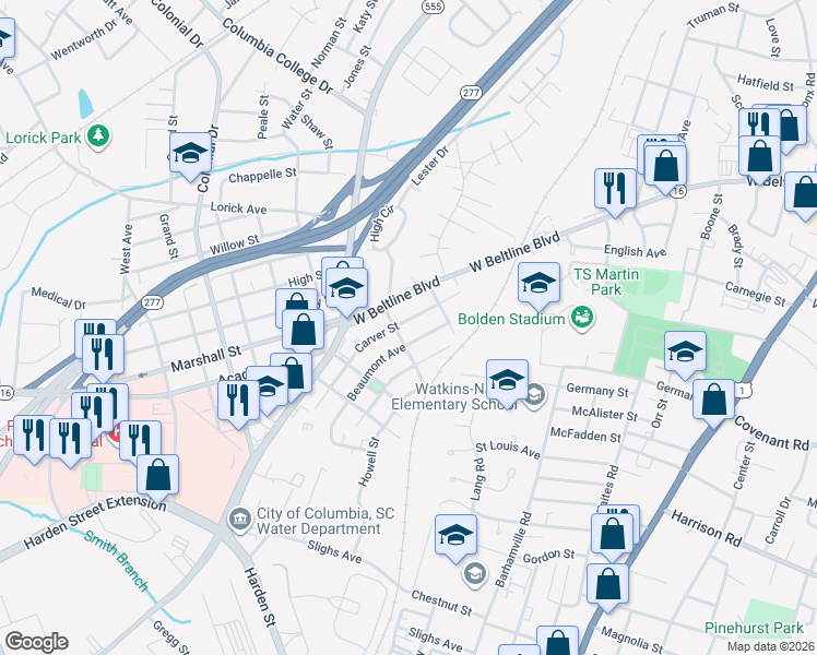 map of restaurants, bars, coffee shops, grocery stores, and more near 3506 Carver Street in Columbia