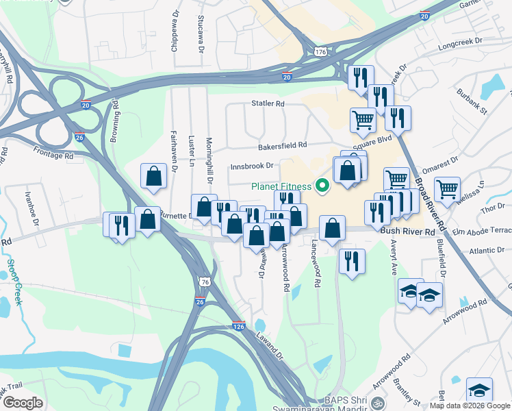 map of restaurants, bars, coffee shops, grocery stores, and more near 116 Delft Lane in Columbia