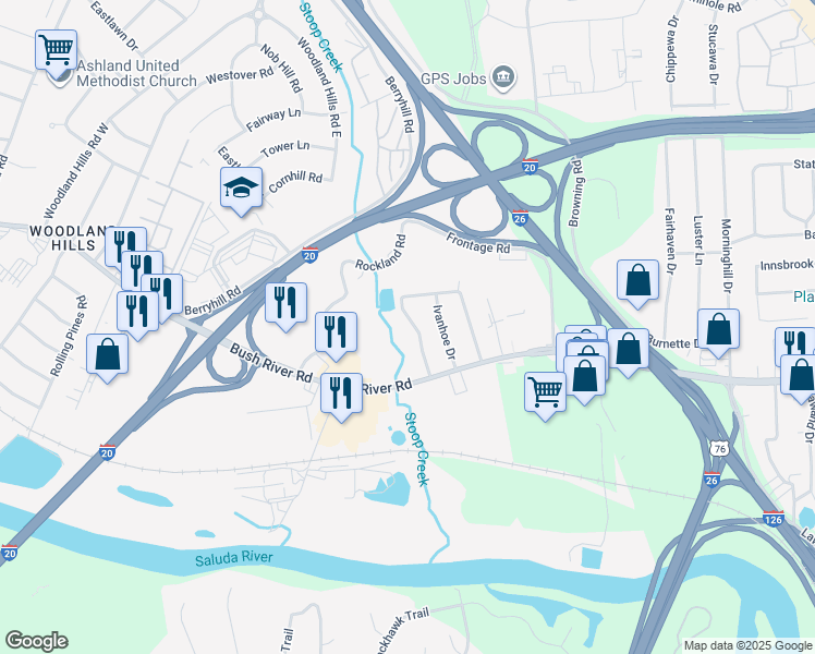 map of restaurants, bars, coffee shops, grocery stores, and more near 1905 Nottingwood Drive in Columbia
