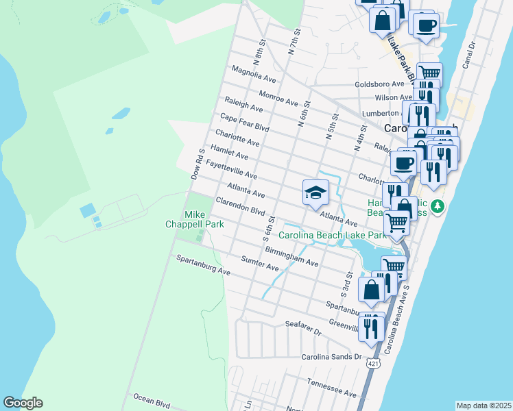 map of restaurants, bars, coffee shops, grocery stores, and more near 612 Clarendon Blvd in Carolina Beach