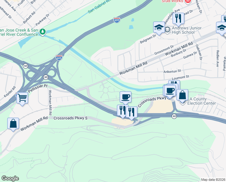 map of restaurants, bars, coffee shops, grocery stores, and more near 13045 Thoroughbred Way in Whittier