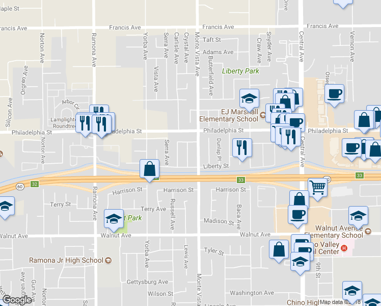map of restaurants, bars, coffee shops, grocery stores, and more near 12185 Crystal Avenue in Chino