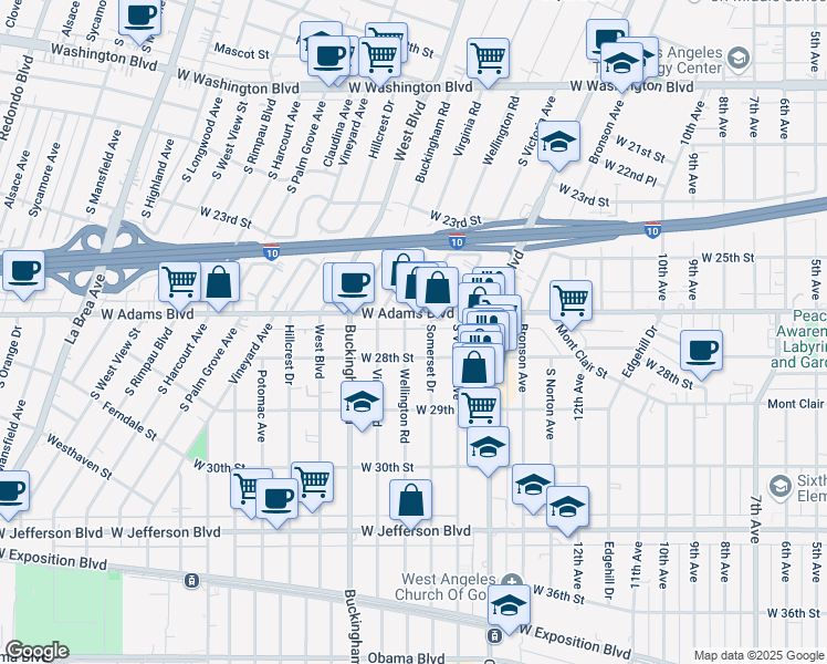 map of restaurants, bars, coffee shops, grocery stores, and more near 2616 Wellington Road in Los Angeles