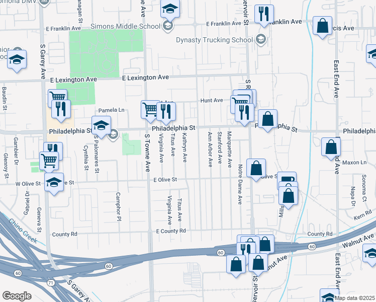 map of restaurants, bars, coffee shops, grocery stores, and more near 2192 Kathryn Avenue in Pomona