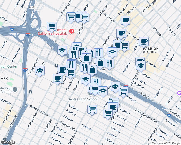 map of restaurants, bars, coffee shops, grocery stores, and more near 121 E 18th St in Los Angeles