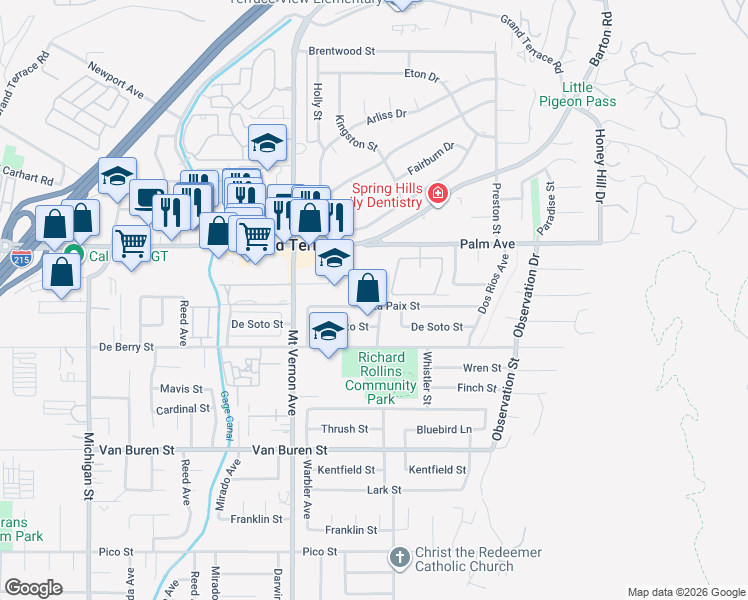 map of restaurants, bars, coffee shops, grocery stores, and more near 22658 La Paix Street in Grand Terrace