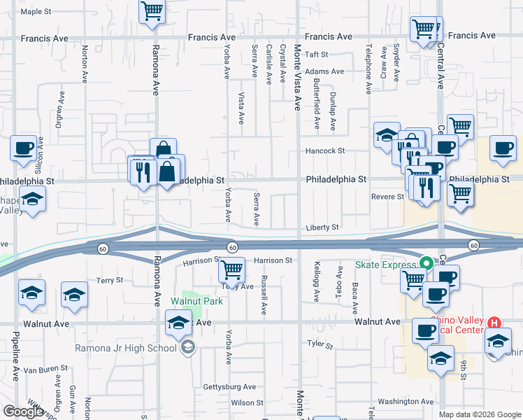 map of restaurants, bars, coffee shops, grocery stores, and more near 12163 Serra Avenue in Chino