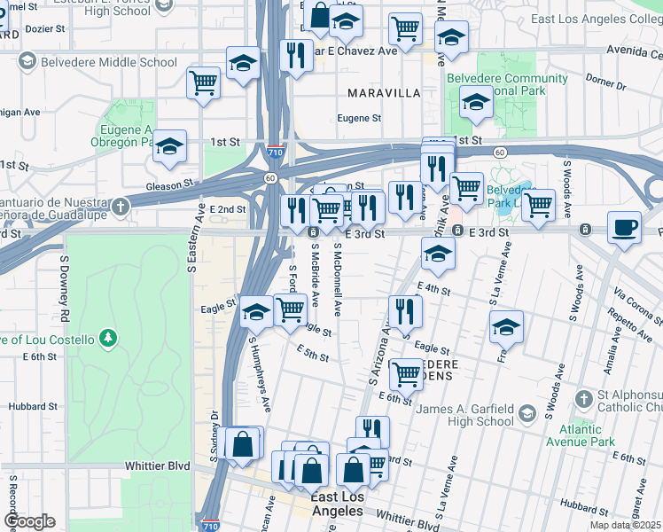map of restaurants, bars, coffee shops, grocery stores, and more near 353 South McDonnell Avenue in East Los Angeles