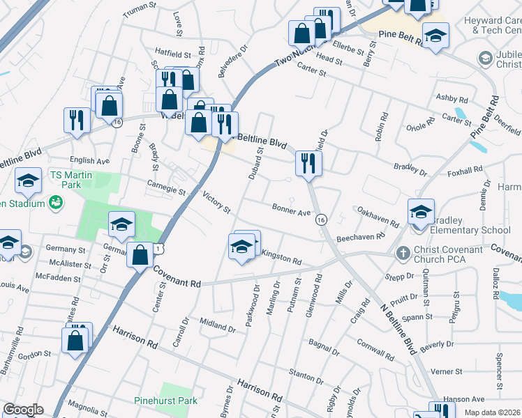 map of restaurants, bars, coffee shops, grocery stores, and more near 1425 Bonner Avenue in Columbia