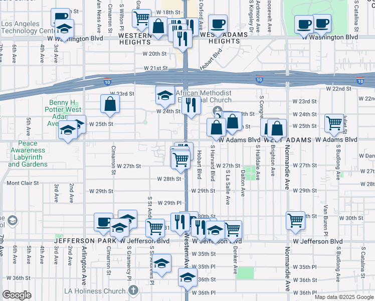 map of restaurants, bars, coffee shops, grocery stores, and more near 2618 S Western Ave in Los Angeles