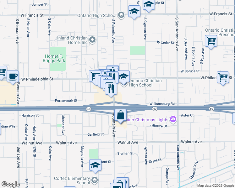 map of restaurants, bars, coffee shops, grocery stores, and more near 2289 South Mountain Avenue in Ontario