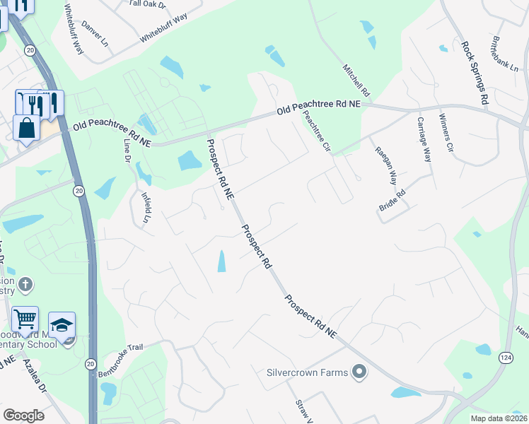map of restaurants, bars, coffee shops, grocery stores, and more near 1420 Barrett Place Lane Northeast in Lawrenceville