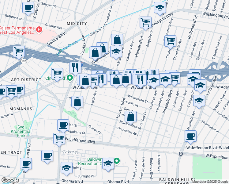 map of restaurants, bars, coffee shops, grocery stores, and more near 2617 Carmona Avenue in Los Angeles