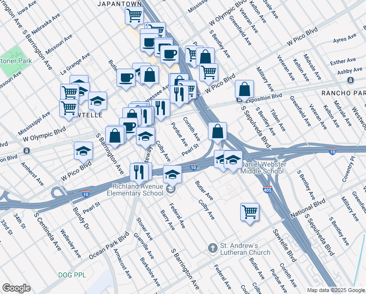 map of restaurants, bars, coffee shops, grocery stores, and more near 2491 Purdue Avenue in Los Angeles