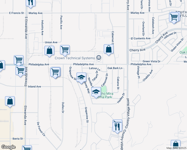 map of restaurants, bars, coffee shops, grocery stores, and more near 10498 Bergerac Lane in Jurupa Valley