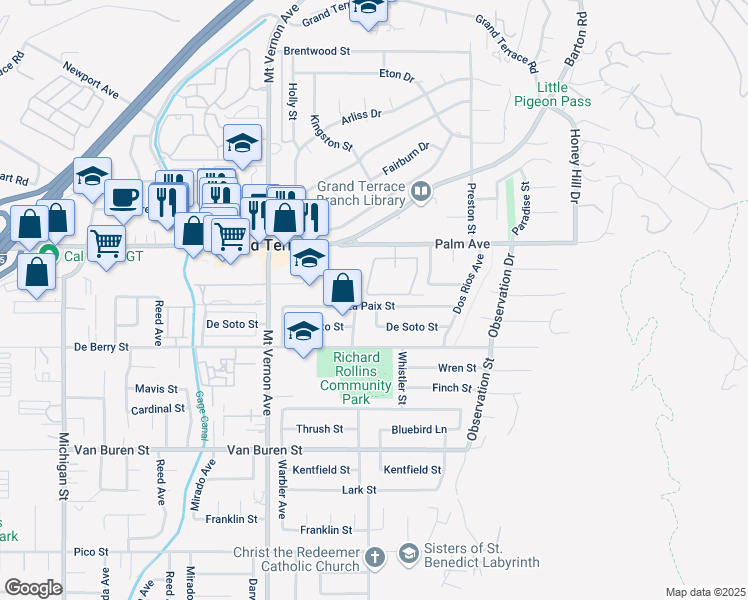 map of restaurants, bars, coffee shops, grocery stores, and more near 22710 La Paix Street in Grand Terrace