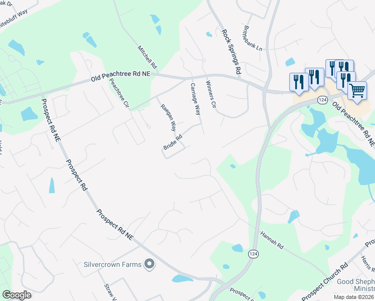 map of restaurants, bars, coffee shops, grocery stores, and more near 1688 Bridle Road in Lawrenceville