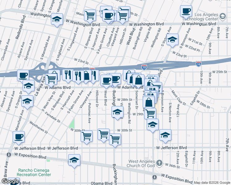 map of restaurants, bars, coffee shops, grocery stores, and more near 2617 Buckingham Road in Los Angeles