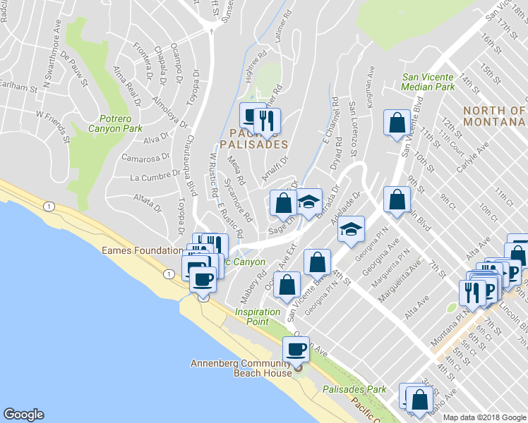 map of restaurants, bars, coffee shops, grocery stores, and more near 295 Amalfi Drive in Santa Monica