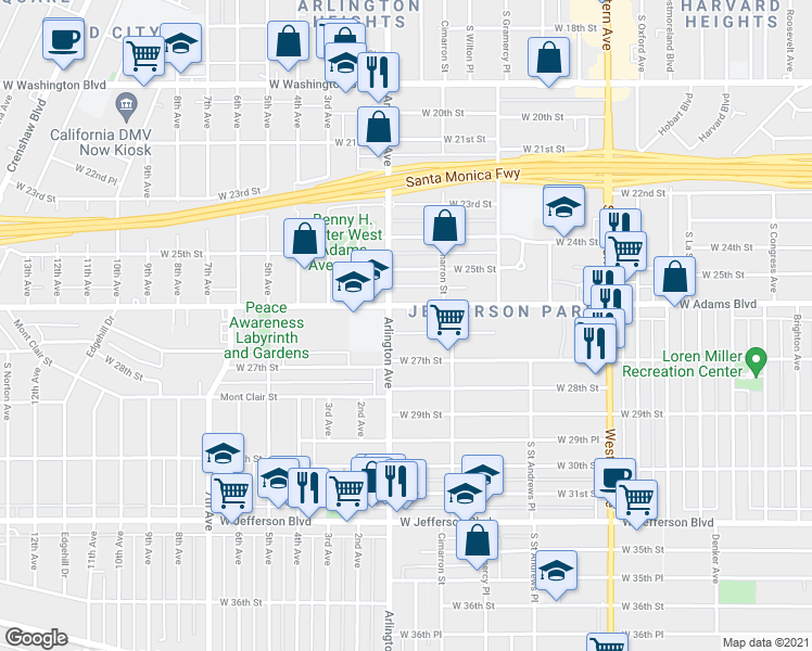 map of restaurants, bars, coffee shops, grocery stores, and more near 2273 West 26th Place in Los Angeles