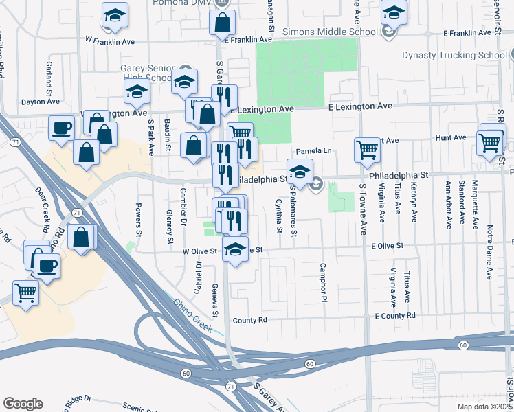 map of restaurants, bars, coffee shops, grocery stores, and more near 2156 Bella Vista Way in Pomona