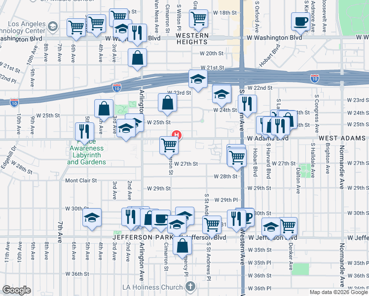 map of restaurants, bars, coffee shops, grocery stores, and more near 2171 West 26th Place in Los Angeles