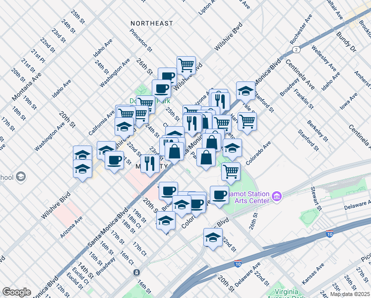 map of restaurants, bars, coffee shops, grocery stores, and more near 2419 Santa Monica Boulevard in Santa Monica