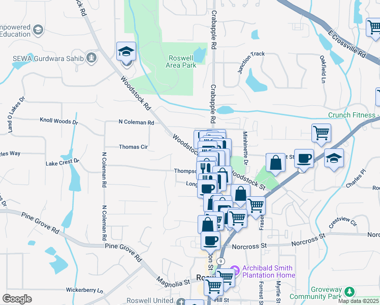 map of restaurants, bars, coffee shops, grocery stores, and more near 56 Woodstock Road in Roswell