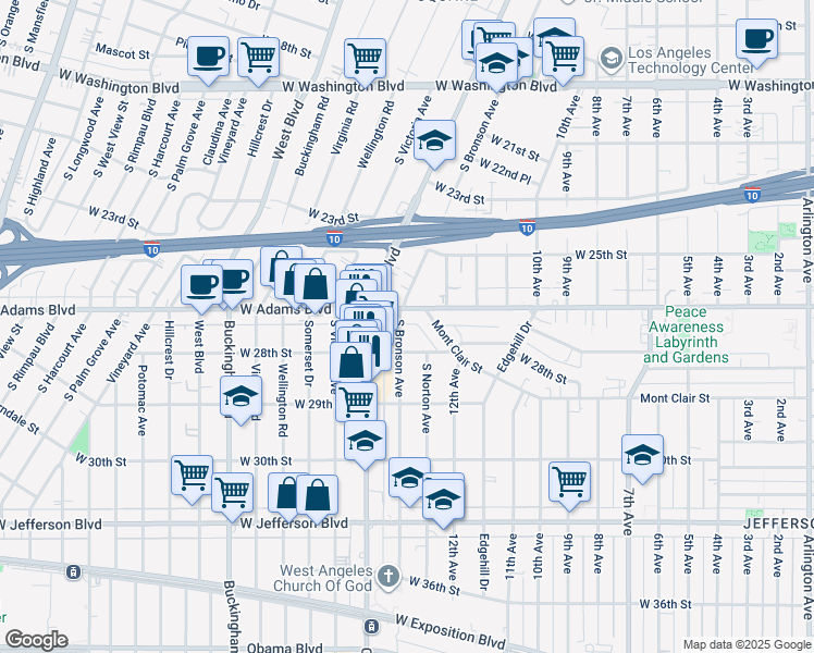 map of restaurants, bars, coffee shops, grocery stores, and more near 2618 1/2 South Bronson Avenue in Los Angeles