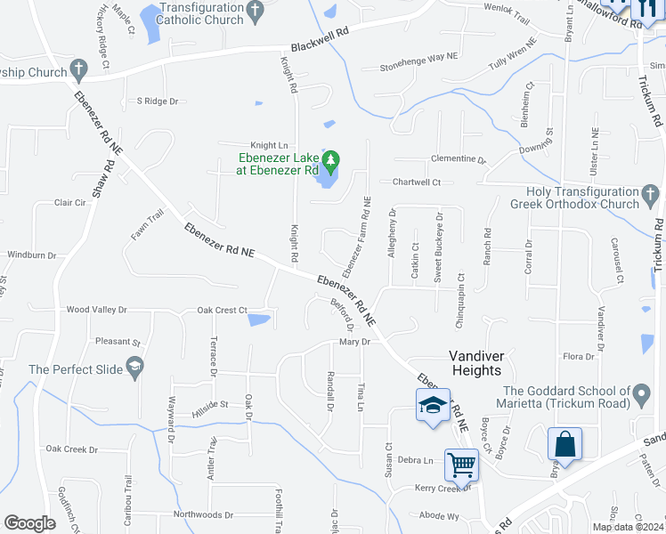 map of restaurants, bars, coffee shops, grocery stores, and more near 1807 Ebenezer Farm Circle Northeast in Marietta