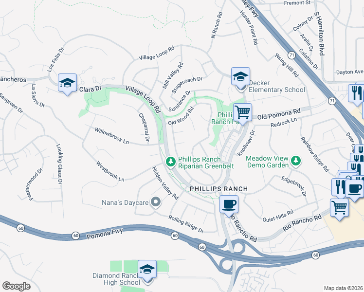 map of restaurants, bars, coffee shops, grocery stores, and more near 6 Ranch Creek Court in Pomona