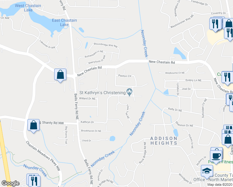map of restaurants, bars, coffee shops, grocery stores, and more near 179 Kathryn Drive in Marietta