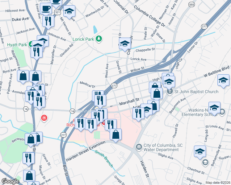 map of restaurants, bars, coffee shops, grocery stores, and more near 1808 High Street in Columbia