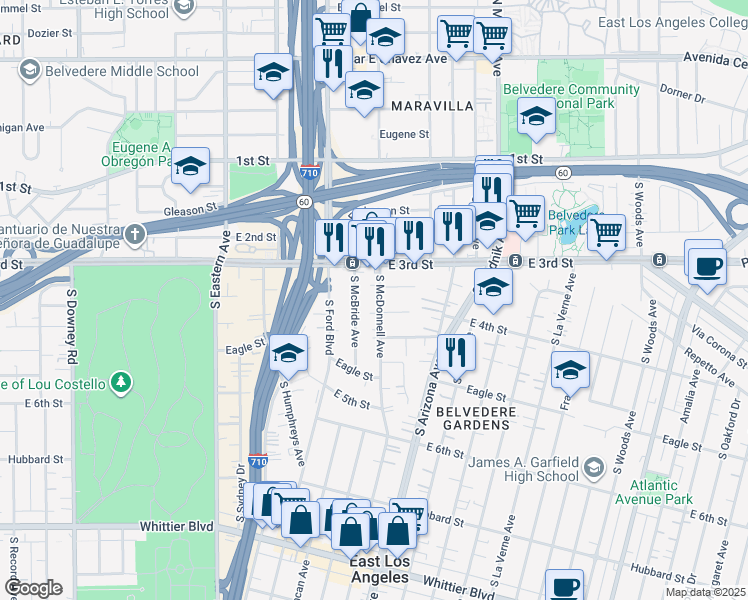 map of restaurants, bars, coffee shops, grocery stores, and more near 353 South McDonnell Avenue in East Los Angeles