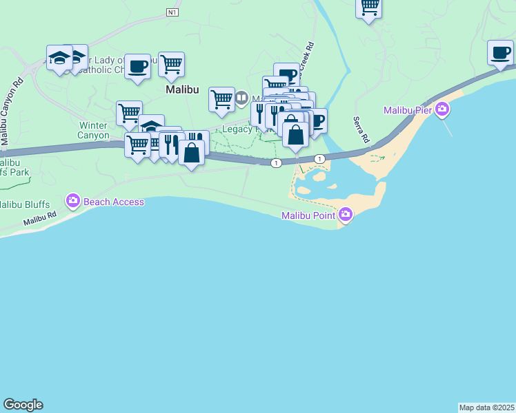 map of restaurants, bars, coffee shops, grocery stores, and more near 23536 Malibu Colony Road in Malibu