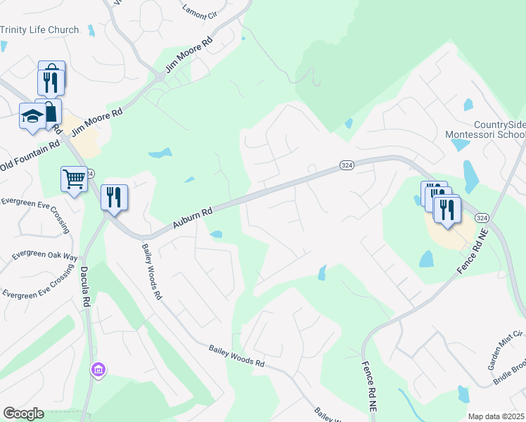 map of restaurants, bars, coffee shops, grocery stores, and more near 3179 Woodwind Lane in Dacula