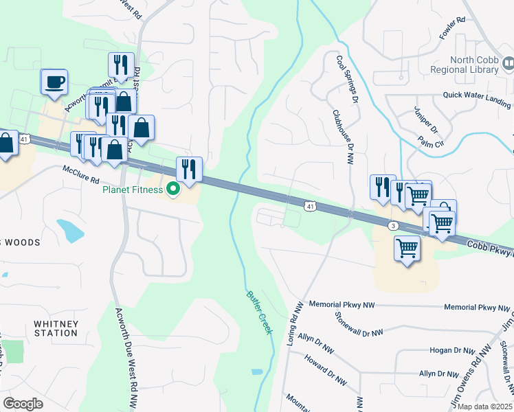 map of restaurants, bars, coffee shops, grocery stores, and more near 3954 Cyrus Crest Circle Northwest in Kennesaw