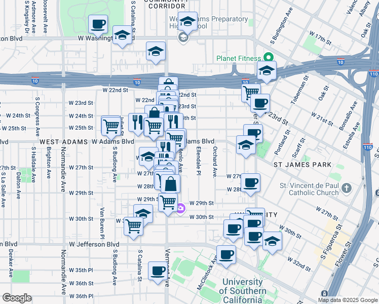 map of restaurants, bars, coffee shops, grocery stores, and more near 2620 Menlo Avenue in Los Angeles