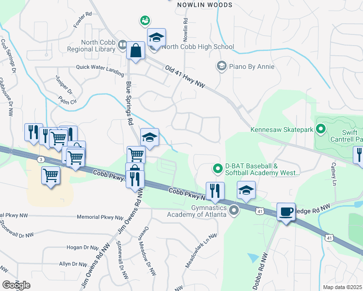 map of restaurants, bars, coffee shops, grocery stores, and more near 3315 Freedom Landing Northwest in Kennesaw