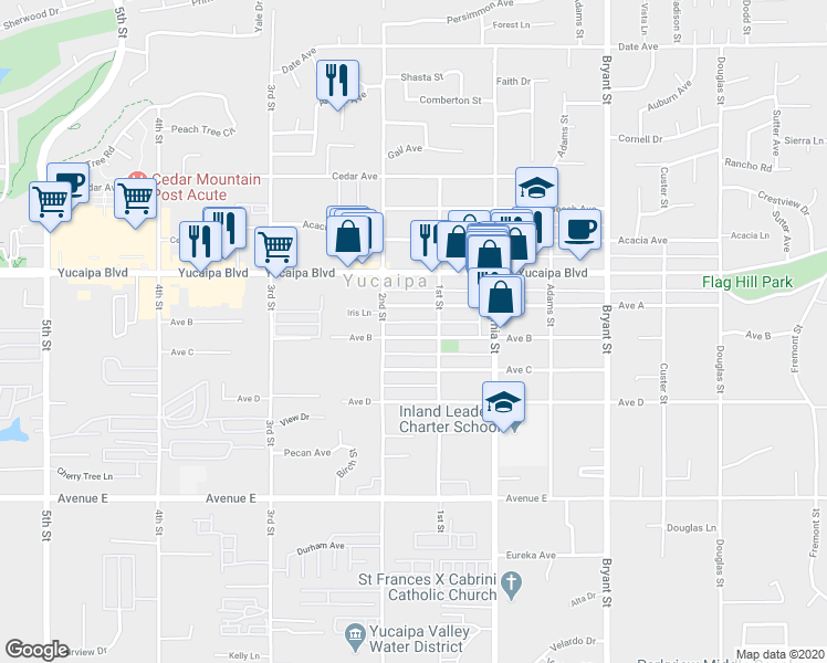 map of restaurants, bars, coffee shops, grocery stores, and more near 34956 Avenue B in Yucaipa
