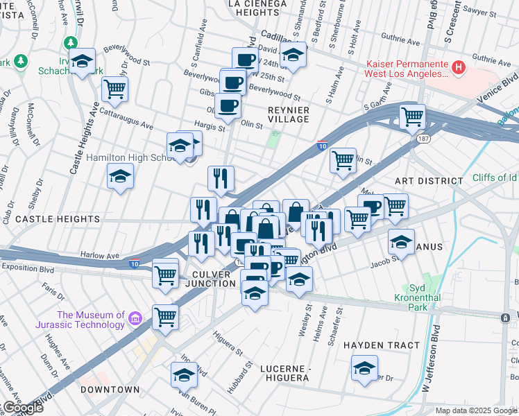 map of restaurants, bars, coffee shops, grocery stores, and more near 3127 Vera Avenue in Los Angeles